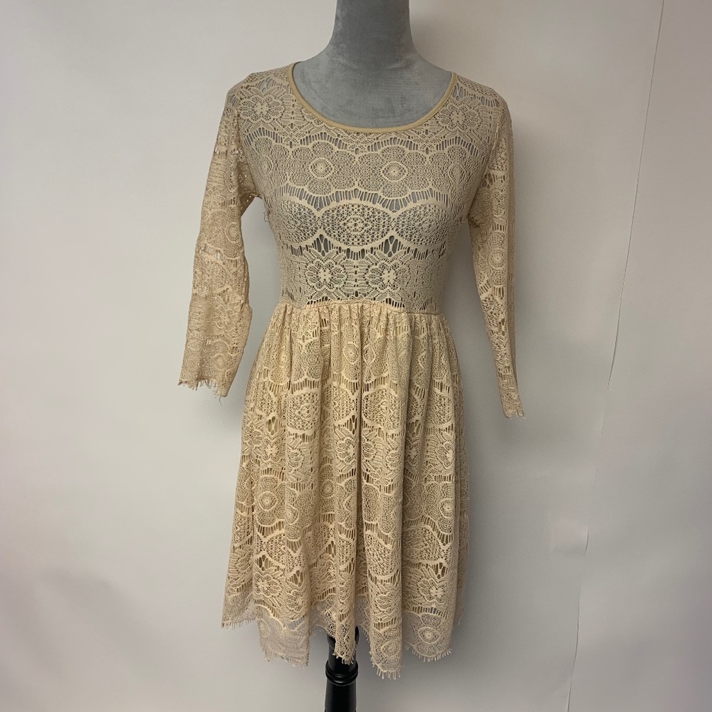 Mallory Dress Vintage Lace Cottagecore Whimsical Fairy Flowy Tan Womens SZ S
